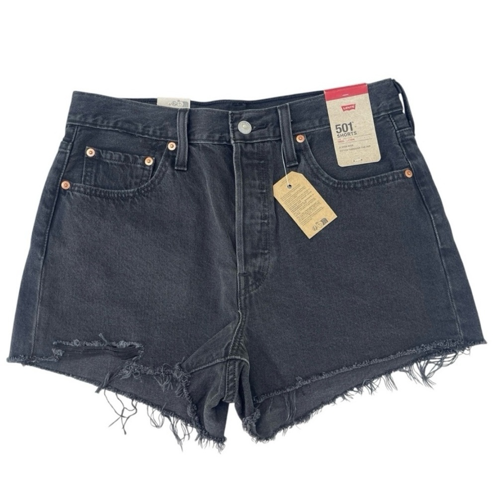 Levi’s 501 Button Fly High Rise Raw Hem Distressed Black Denim Shorts Size 32